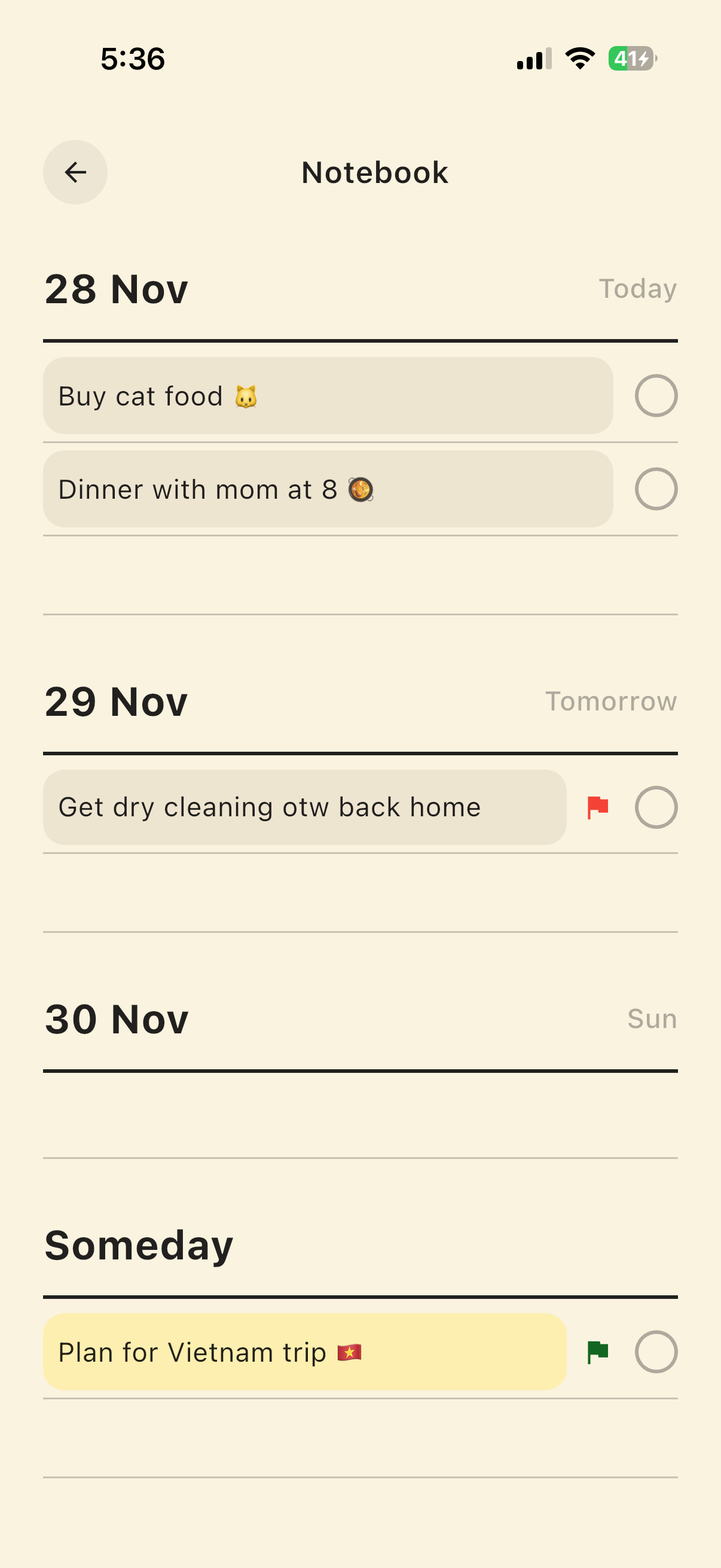 Commandly notebook-style planner interface - Android mockup