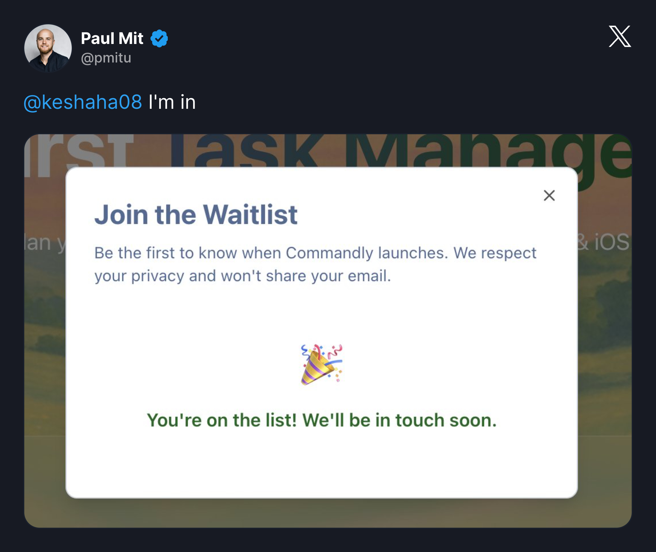 Tweet praising Commandly